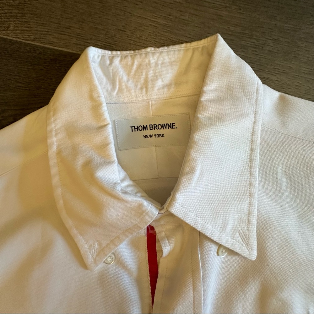 Men’s Thom Browne White Cotton Oxford Grosgrain Placket Shirt (Sz 3)